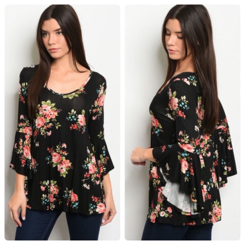NEW Black Pink Floral Bell Sleeve Top Size Small S